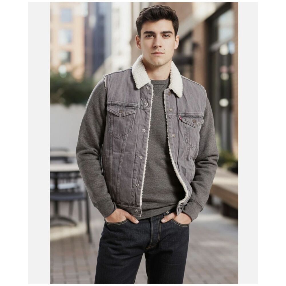 Levi's Men's Button Up Sherpa Grey Lined Multi Pocket Denim Vest Jacket L